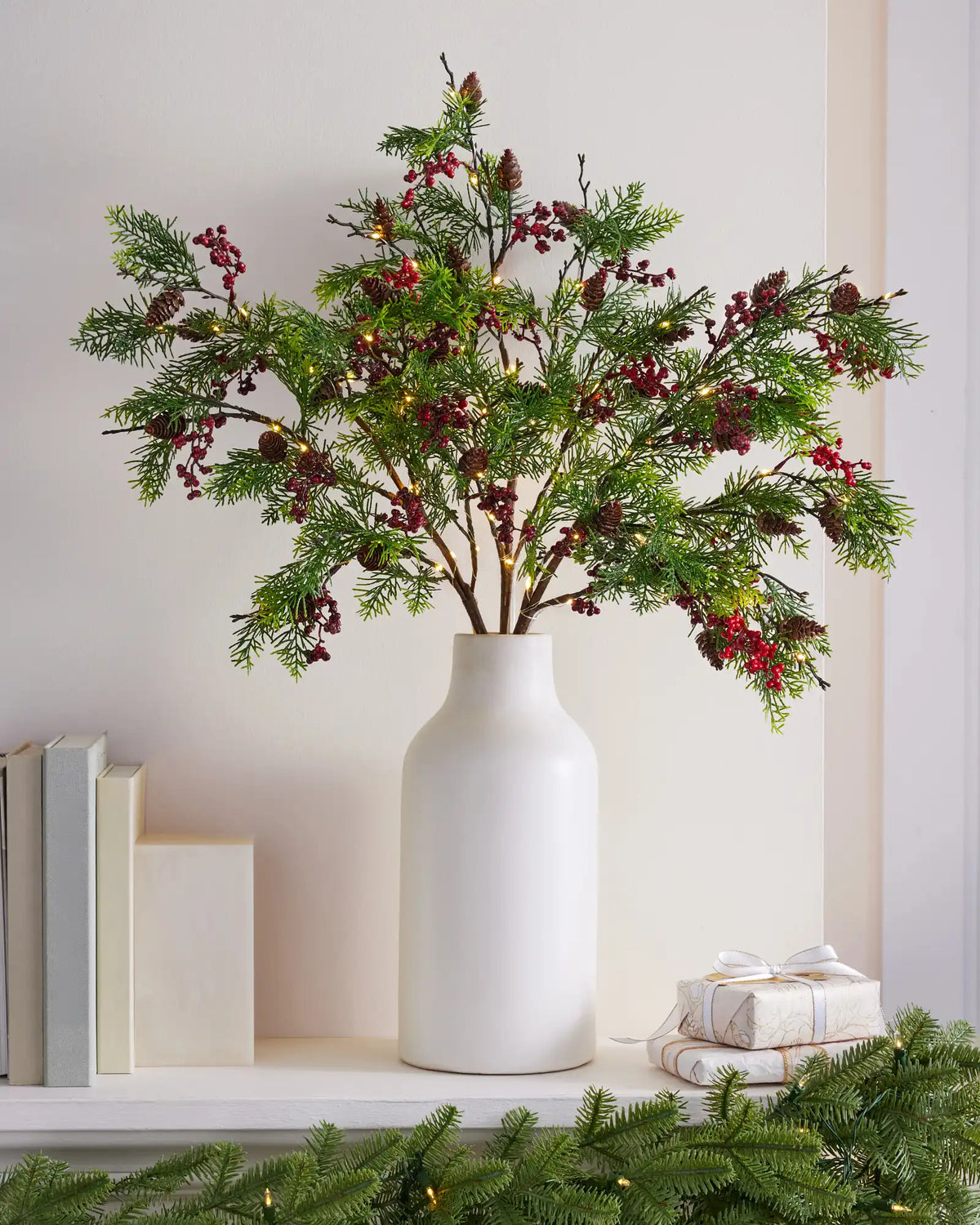 Lit Red Berry Pine Branches