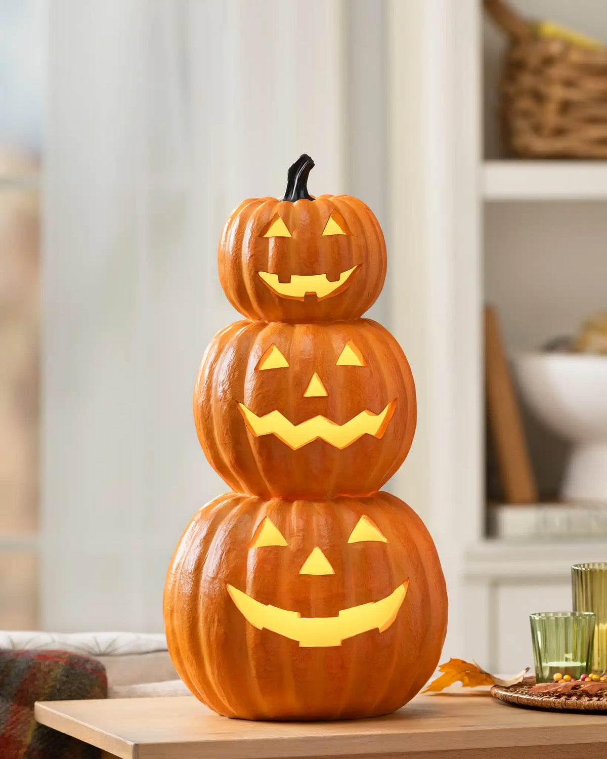 Lit Tabletop Stacked Jack-o'-Lanterns