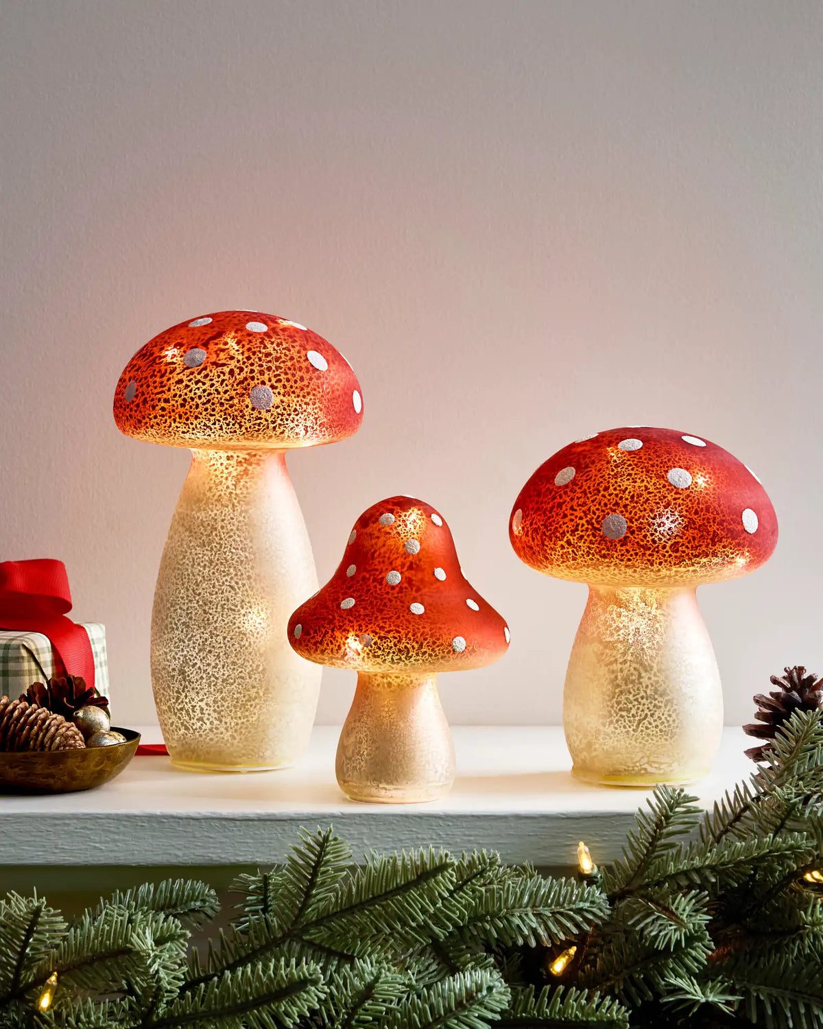 Lit Red Glass Mushrooms