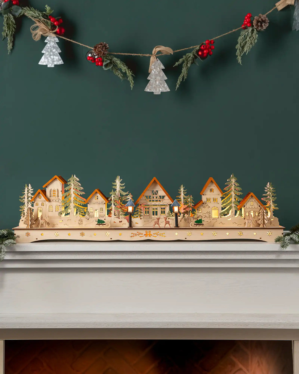 Lit Wooden Christmas Mantel Village