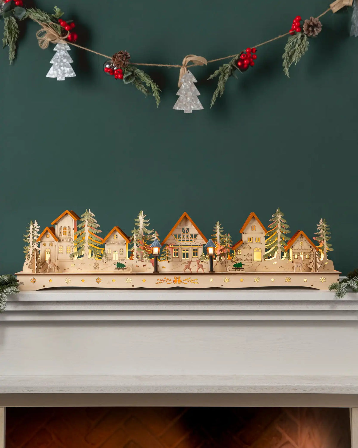 Lit Wooden Christmas Mantel Village